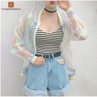 LV Moda Verão Mulheres Claro Iris Symphony Jaqueta Bomber Iridescent Transparente Casaco Básico