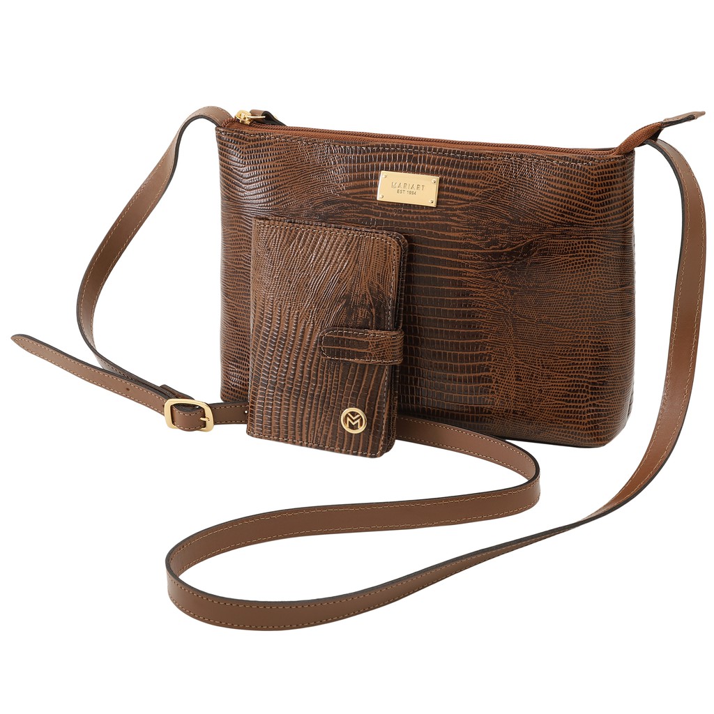 Kit Bolsa e Carteira Couro Lezard Mariart Zíper Alça Transversal 2190+237