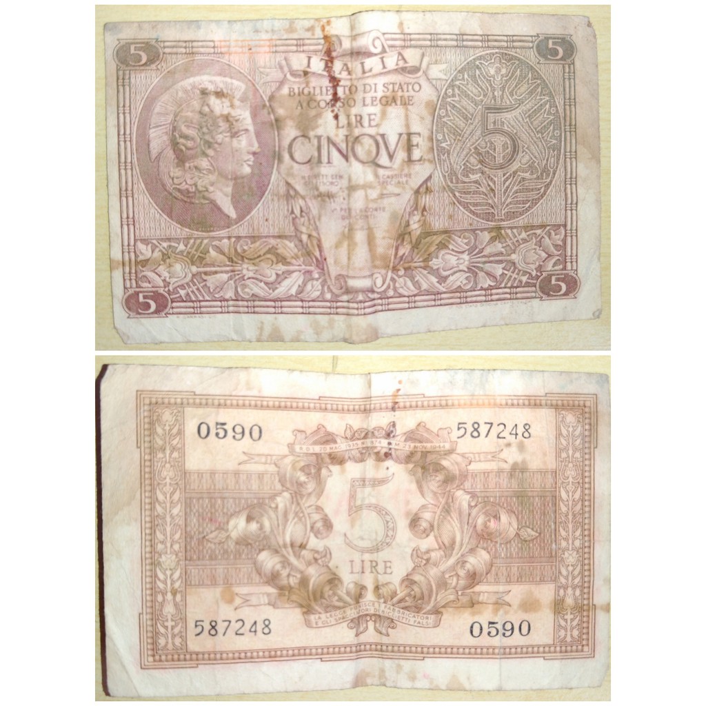 Cédula de "cinqve lire" (5 liras) de 1944