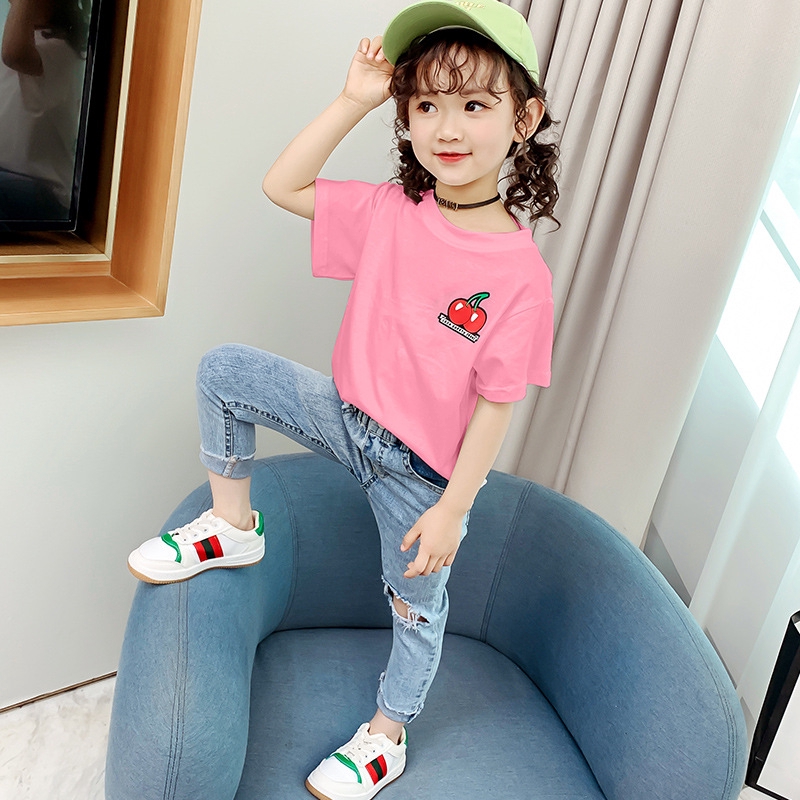 IELGY novo estilo grande menina meia manga camiseta crianças versão coreana impresso algodão puro em torno do pescoço me