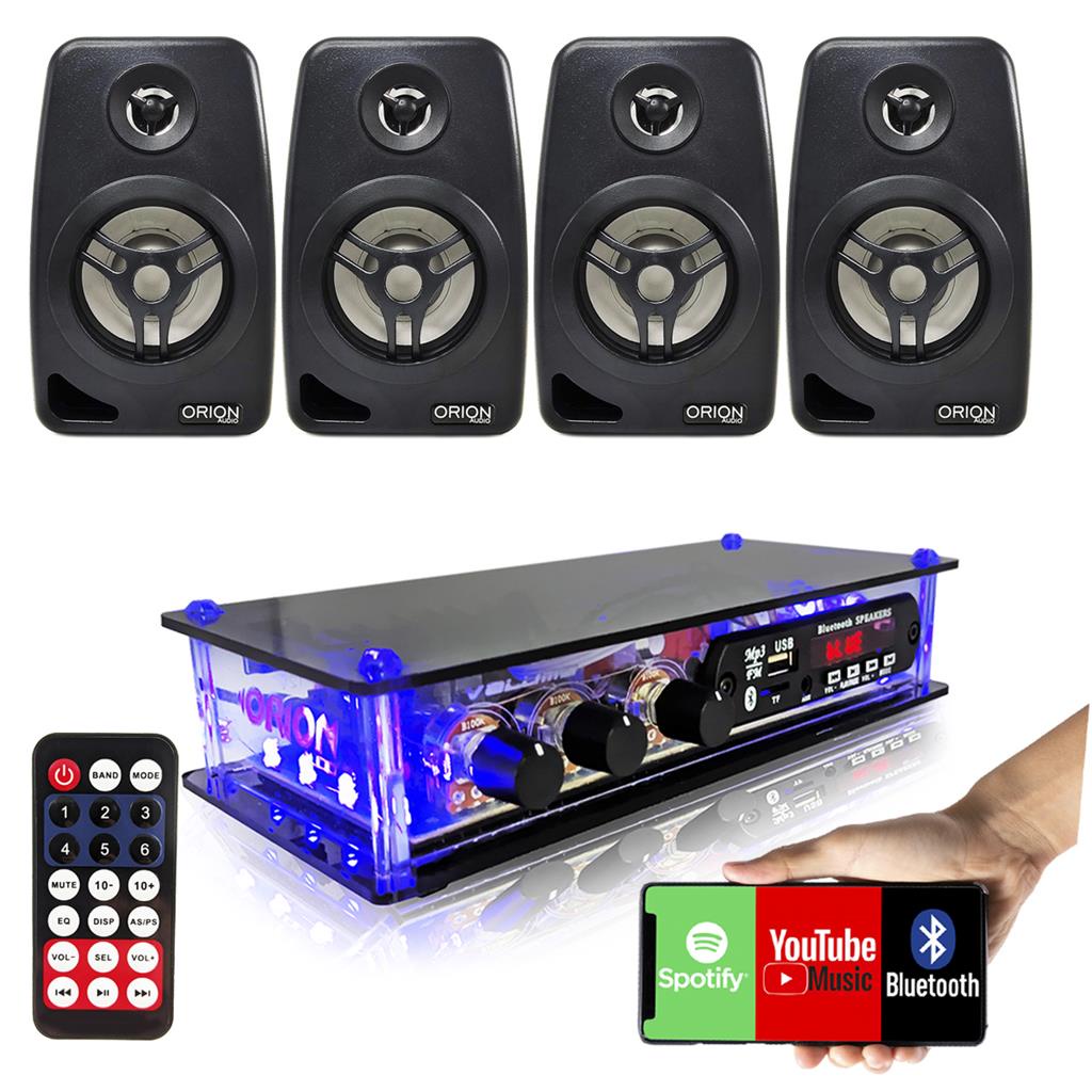 Kit Som Ambiente 4 Caixas Acusticas Pretas com Suporte + Amplificador Bluetooth Usb Aux 2 Canais Orion