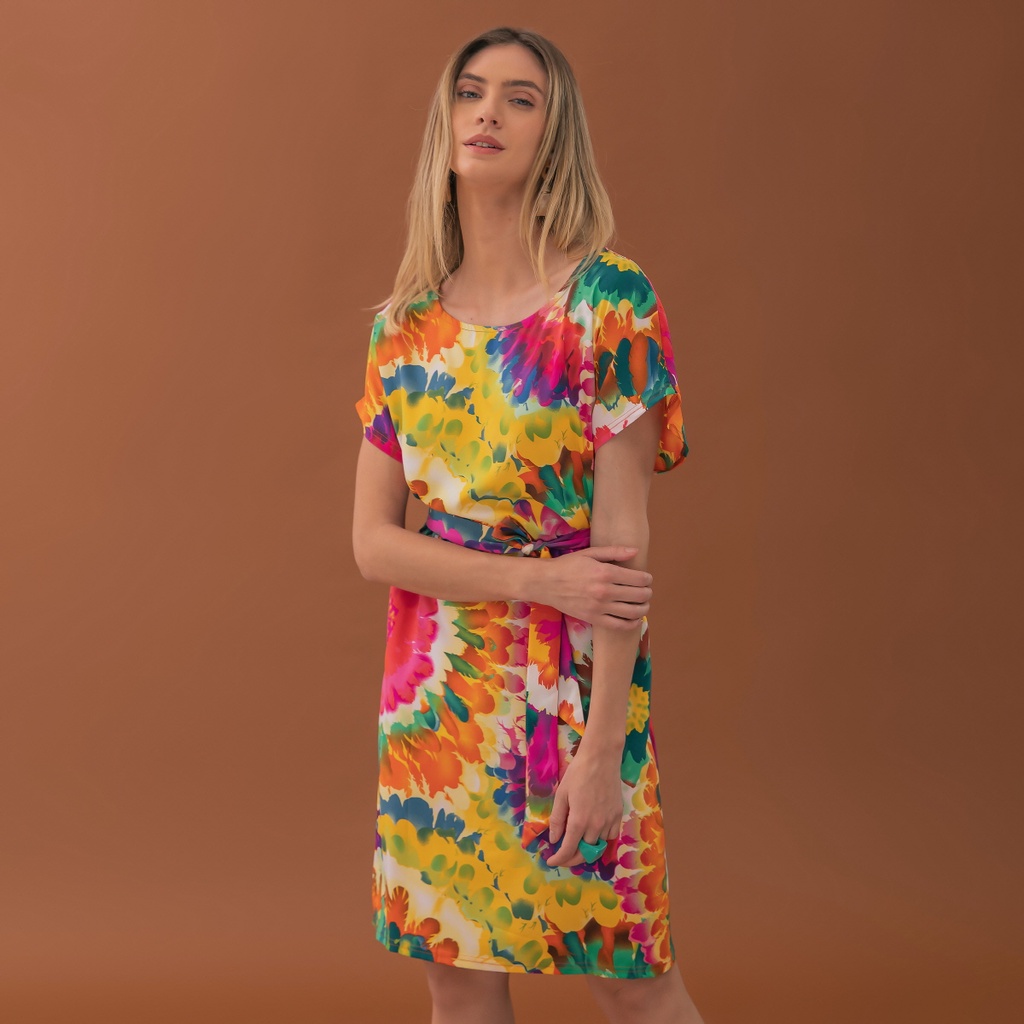 Vestido curto Soltinho manga curta colorido vestido estampada poliester com cinto em Oferta na Shopee