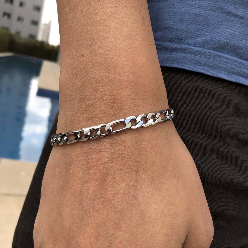 Pulseira Masculina Prata Fígaro 3x1 20cm 6mm Aço Inoxidável 316 em Oferta na Shopee