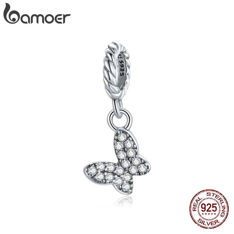 Bamoer 100% Prata 925 Pingente Banhado Platina Com Forma De Borboleta Para Pulseira Diy Cubic Zircon Charme Jóias Scx121