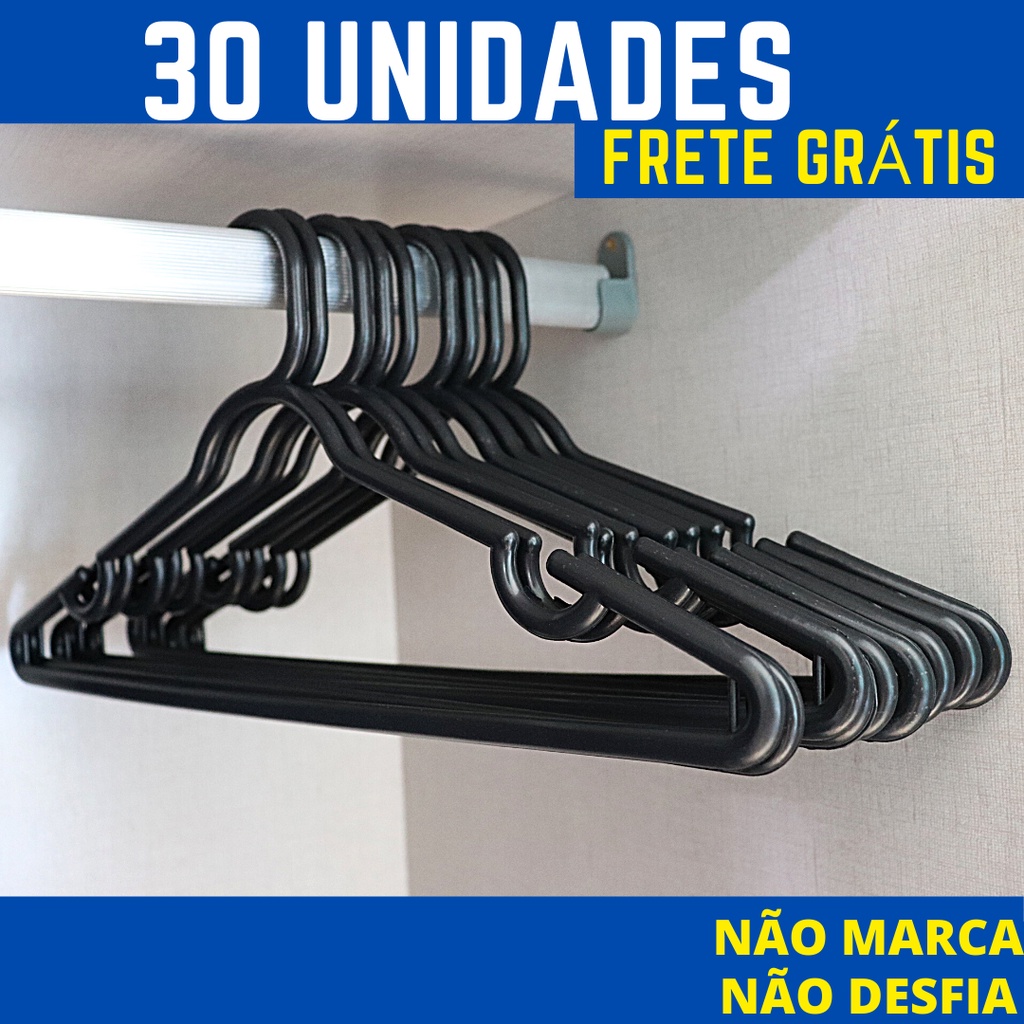 Cabide Adulto Preto kit 30 Cabides Reforçado Organizar Roupas