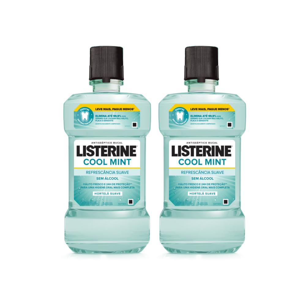 Kit 2 Antissépticos Bucal Listerine Cool Mint Refrescância Suave 500ml em Oferta na Shopee