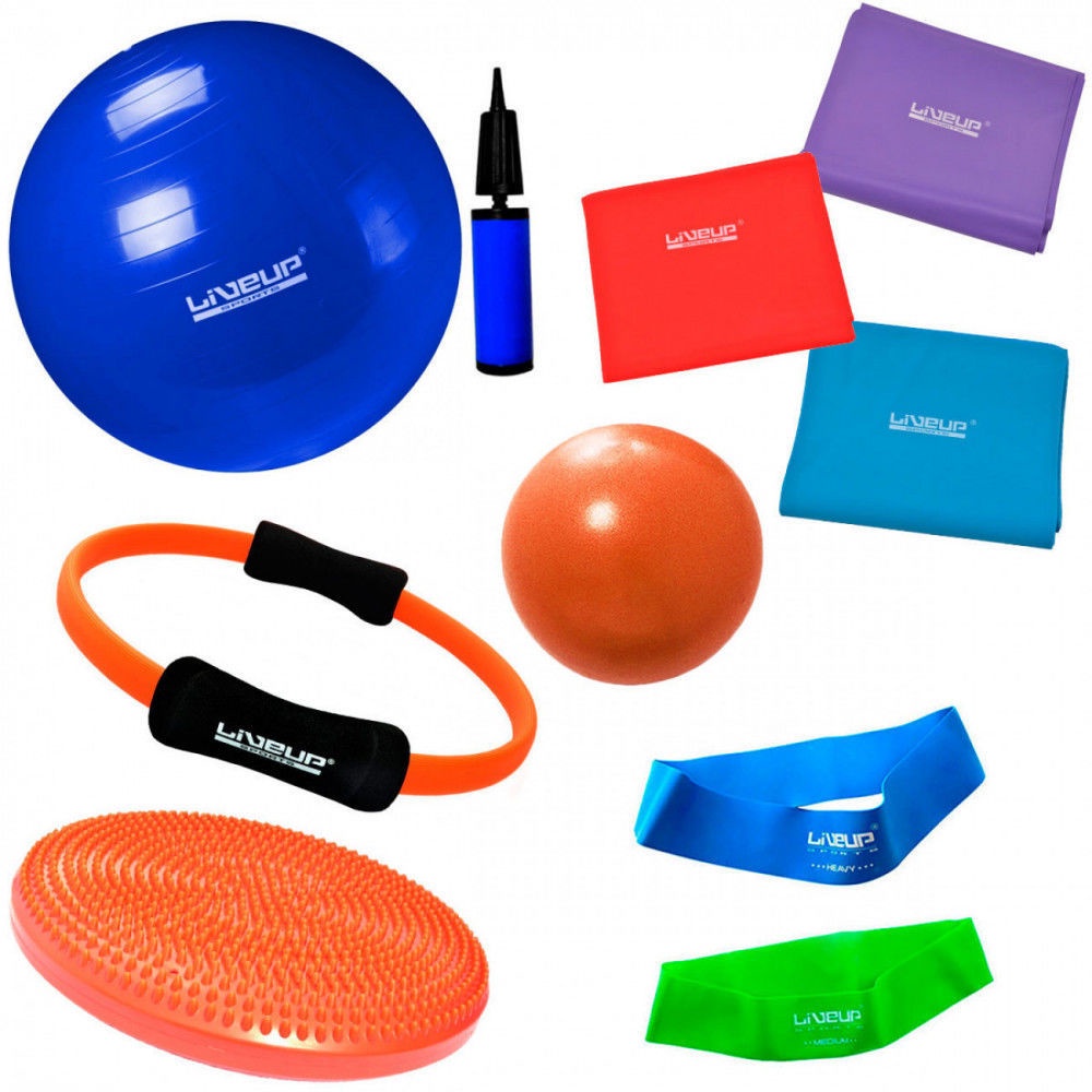 Kit 3 Faixas Elásticas + Bola 65 cm + Mini Bomba + 2 Mini Bands + Overball + Arco e Disco