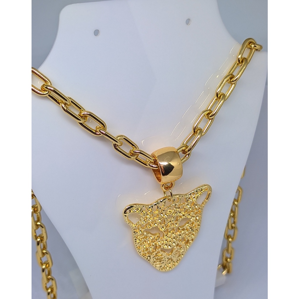 Colar Corrente Feminino com Pingente Onça Vazado Folheado Ouro 18k Tigre Dourado Tendência Moda Presente