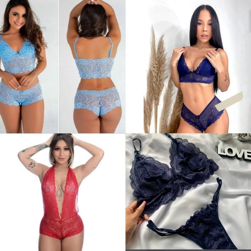 Kit 4 Conjuntos De Renda Body Sexy Sensual Feminino Para Dormir Espera marido Bodi Costa Nua Atacado Revenda Lingerie Atacadao Calcinha sex Barato Promocao