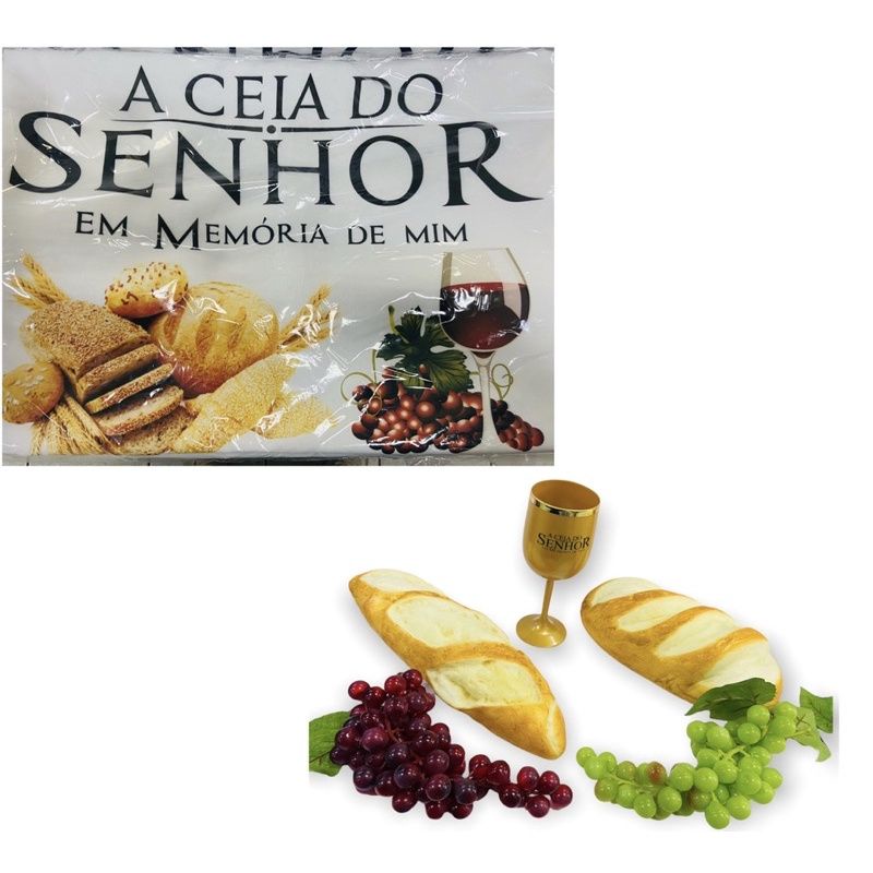 Kit Santa Ceia C/ Toalhas, Uvas, Pães e Taça