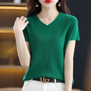 Camiseta Folgada Feminina Tricotada Com Gola V Manga Curta Moda Verão 2022