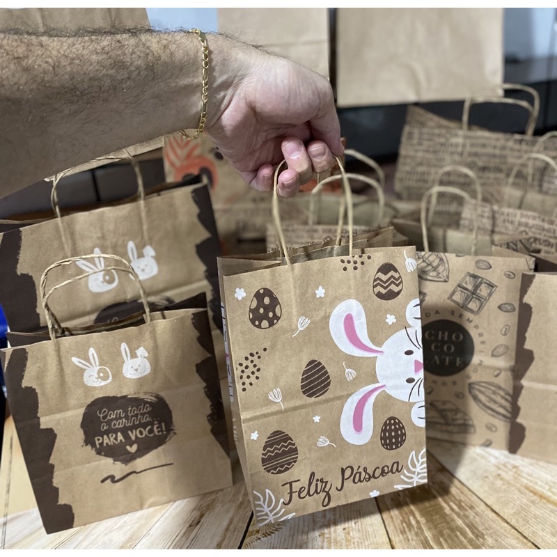 kit 10~40 sacolas kraft para ovos de Páscoa tema Páscoa tamanhos PP/P/M/G (Idéia) páscoa 2026