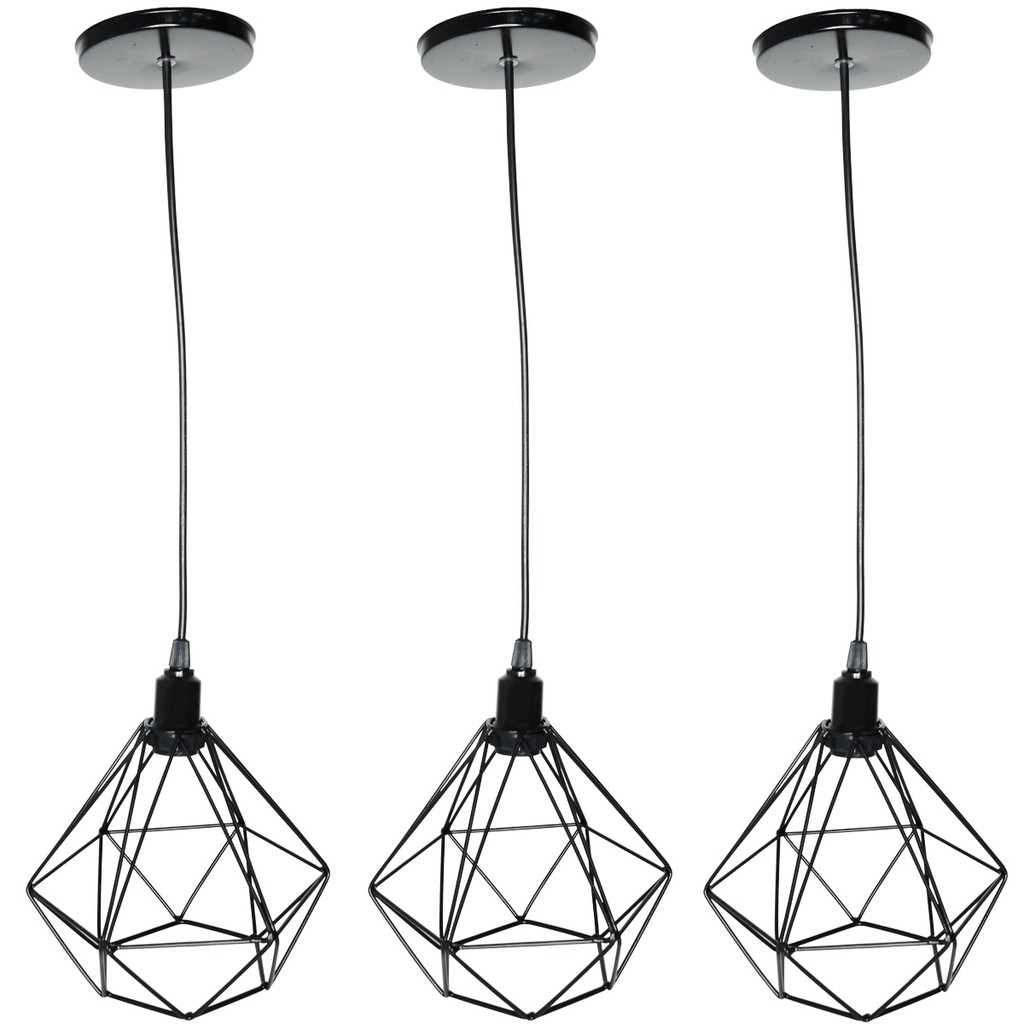 Kit 3 Pendente Aramado Diamante Luminária Lustre Luxo Teto Retrô Preto Agp Ilumini Industrial
