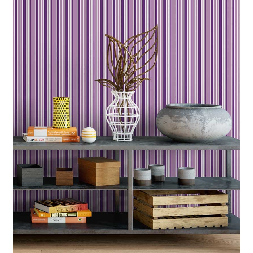 Detalhes do Papel de parede com listras em tons de roxo, lilás claro e branco Para Quartos e Sala