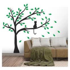 Adesivo Decorativo Parede Árvore Com Gatinho E Folhas Verdes