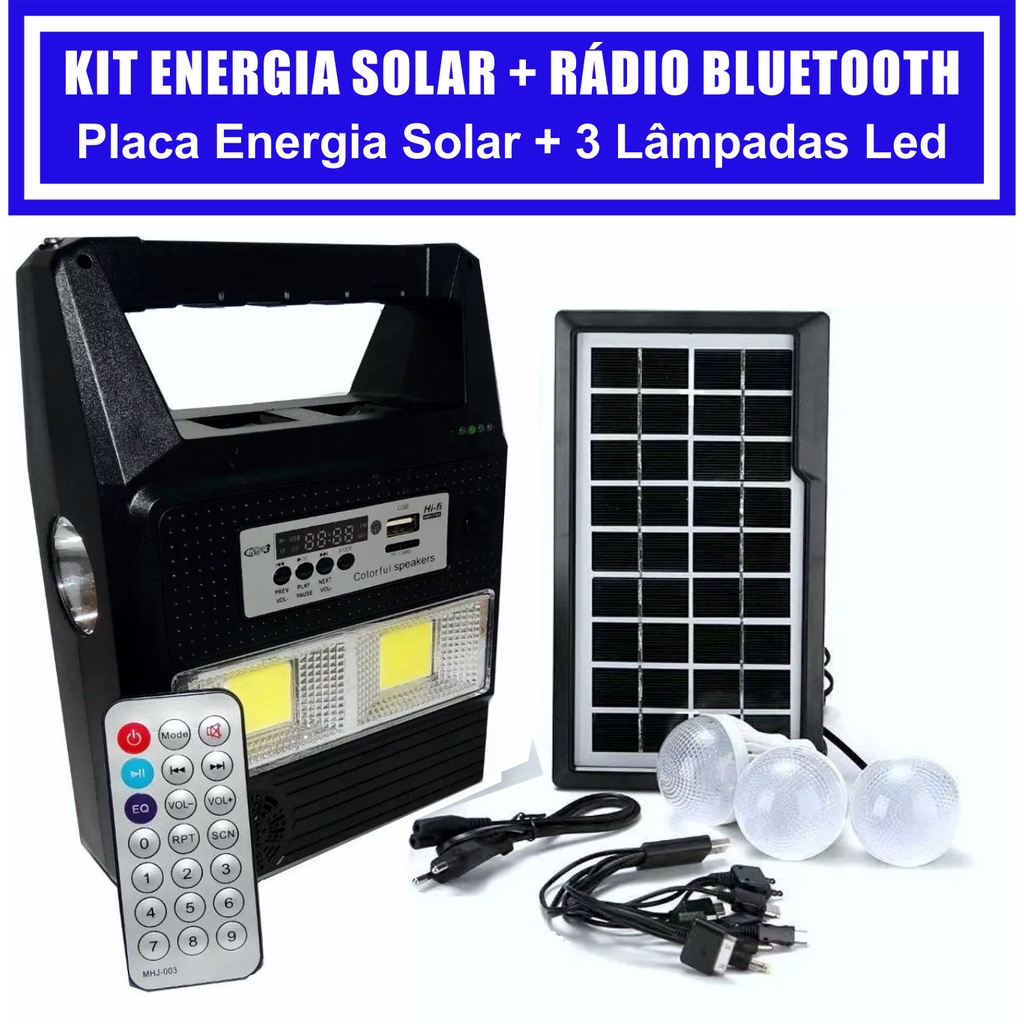 Kit Gerador Energia Solar Rádio Fm Usb Bluetooth Placa Solar 3 Lampadas Led