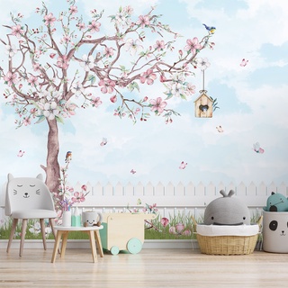 Papel de Parede Infantil Jardim Encantado Árvore Floral e Borboletas Quarto de Bebê e Criança