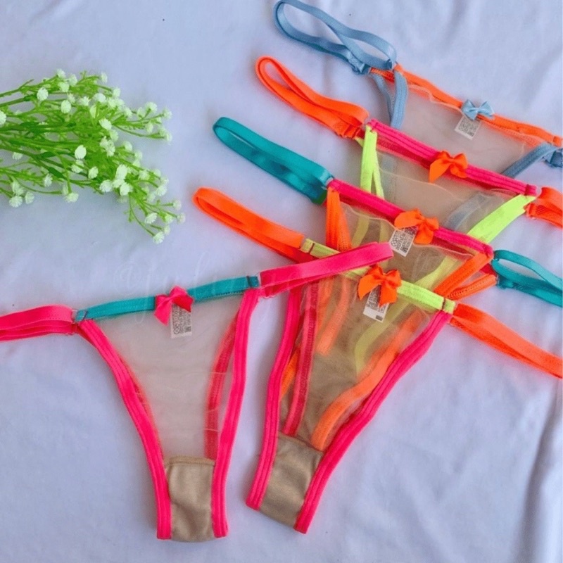 Kit 4 Calcinhas Tanga Fio Dental Tule Neon Sensual Viés Coloridos Verão