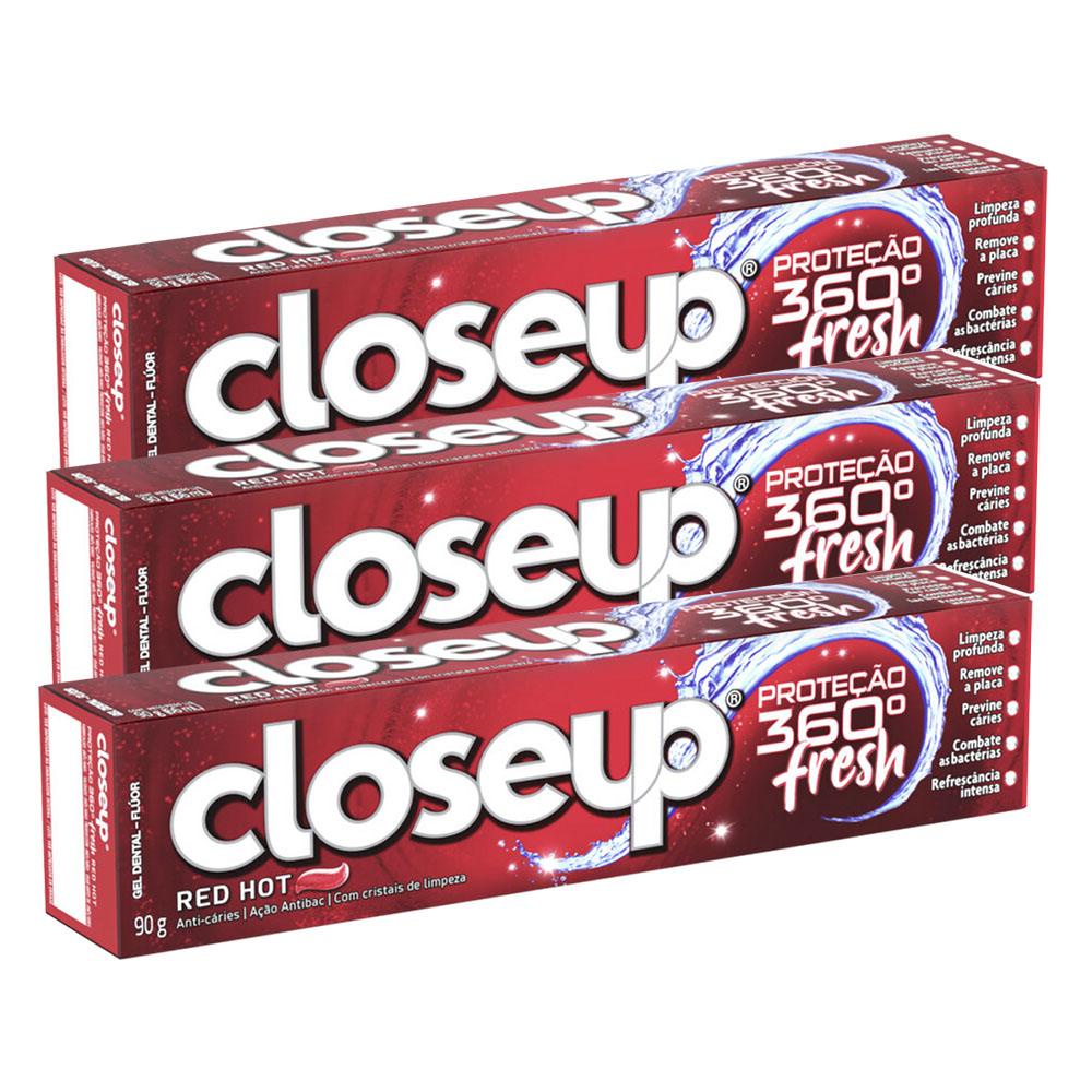 Kit com 3 Creme Dental em Gel Closeup Proteção 360º Fresh Red Hot 90g