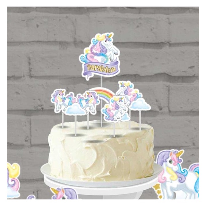 Topo Bolo Unicórnio Com 8 Toppers Aniversário Envio Rápido