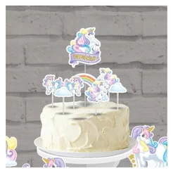 Topo Bolo Unicórnio Com 8 Toppers Aniversário Envio Rápido