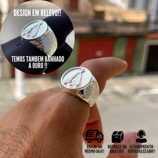 Anel Masculino De Prata 925 Nossa Senhora Com Oração Banhado a Prata 925 Italiana Dedeira