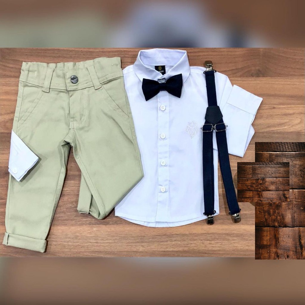 Roupa Menino Infantil Tema Casamento Camisa Manga Longa Branco Calça Color Bege Suspensório e Gravata Azul Marinho