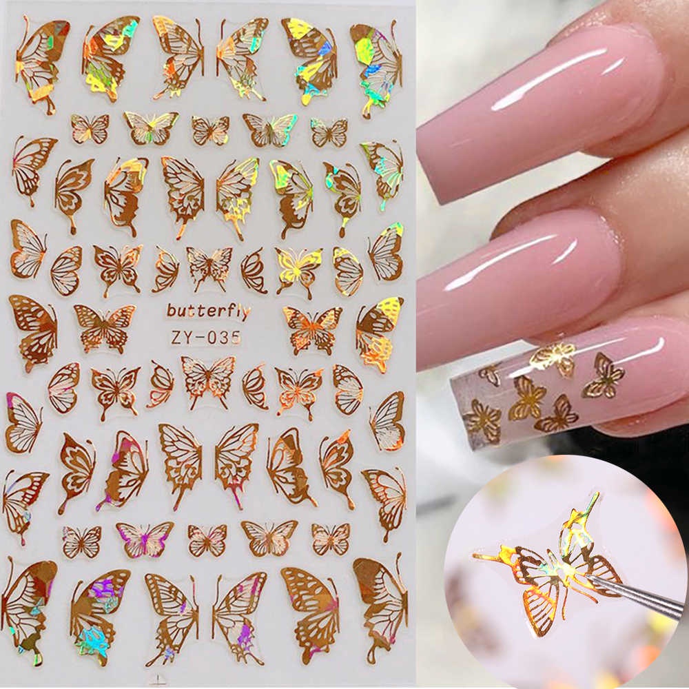 Adesivo de borboleta 3d folha brilhante, adesivo holográfico de ouro e prata para unhas decorativas