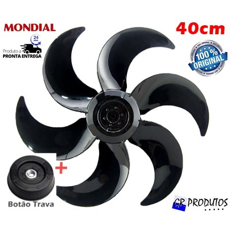 Hélice + Trava Ventilador Mondial 40cm 40 Vt41 ou V45 ou 75 ou Maxi Power 6 Pás Preto Original EIXO Redondo 8mm