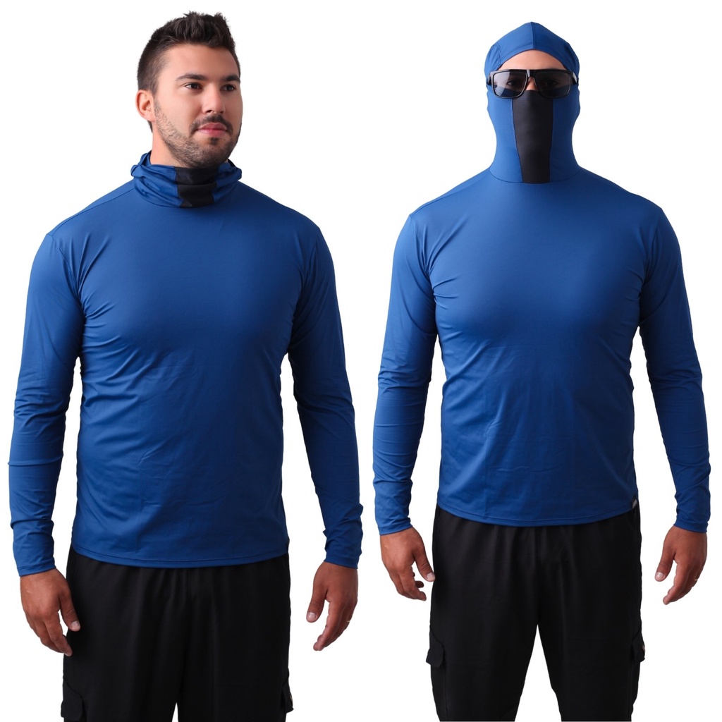 Camisa de Pesca Azul Oceano UV50+ – Touca Ninja Integrada