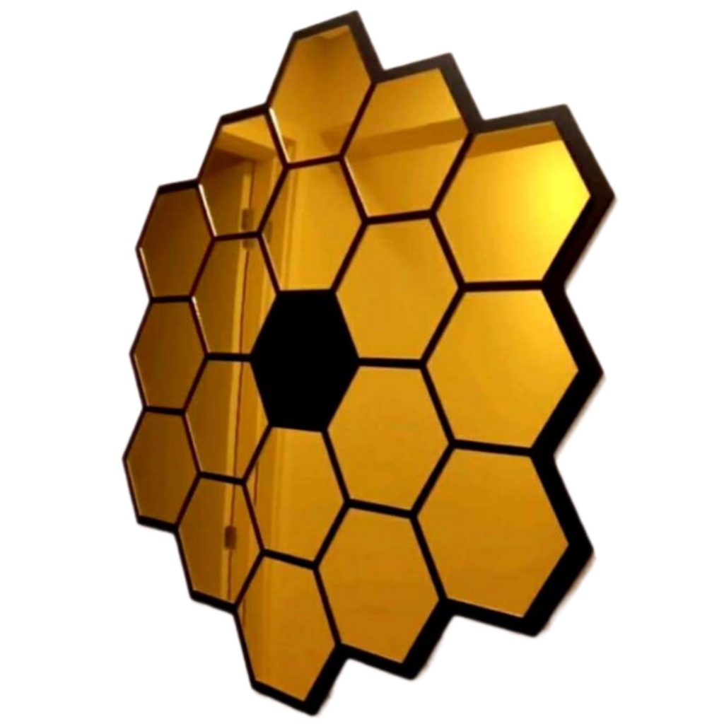 Quadro decorativo alto relevo Geek James Webb em Acrilico Dourado e Mdf aplique de parede telescopio