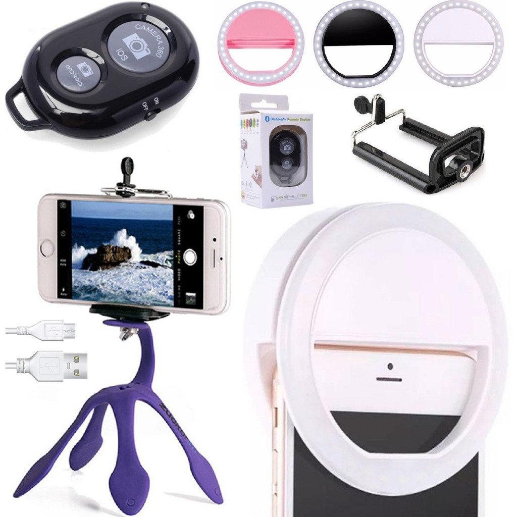 Kit Youtuber Mini Tripé Aranha Suporte Para Celular + Iluminação Luz Led Ring Light Flash + Controle Disparador Bluetooth Foto Vídeo Universal Original