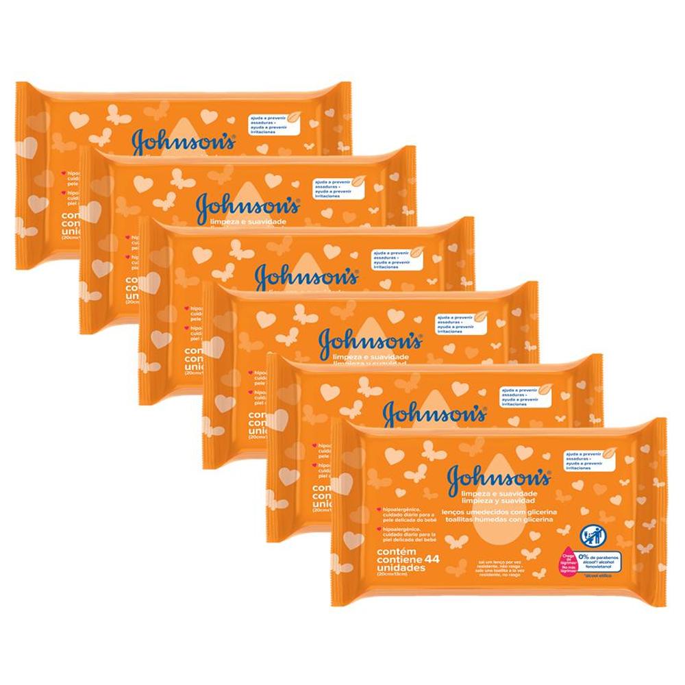 Kit com 6 Lenços Umedecidas Johnson's Baby Limpeza e Suavidade 44un cada em Oferta na Shopee
