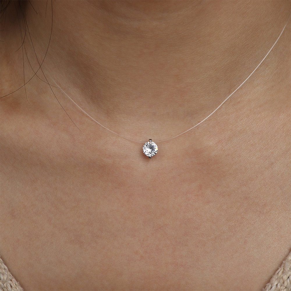 Gargantilha Corrente Invisível Colar Feminino Ponto de Luz Fio de Nylon e Pingente Zircônia