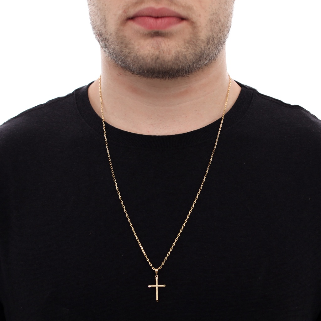 Corrente Colar Cord O Masculino Tijolinho Mm Cm Com Pingente Cruz Crucifixo Dourado Folheado