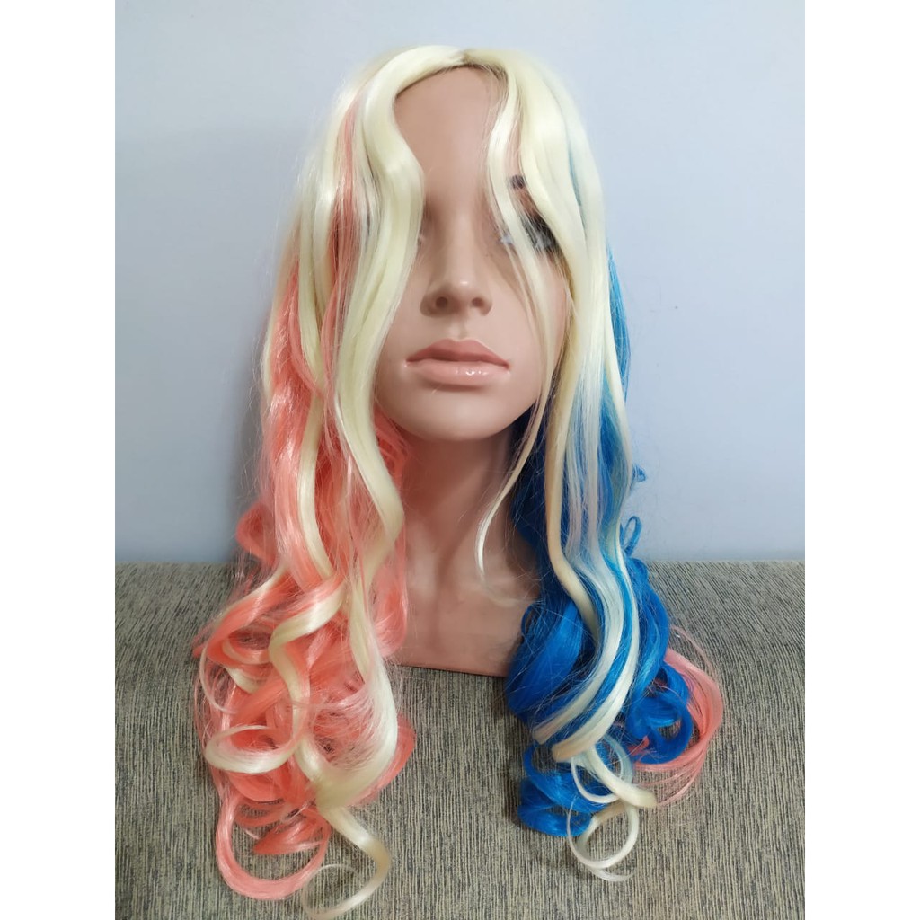 Peruca Alerquina Arlequina Harleyquinn cabelo  colorido loiro com rosa e azul cosplay Aves de Rapina Esquadrão Suicida