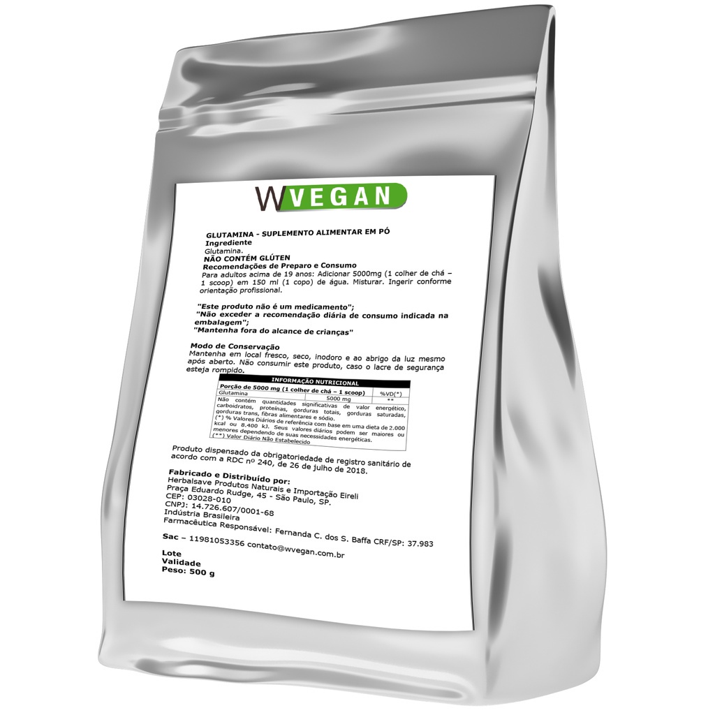 Glutamina Vegan 500g Embalagem Refil WVegan