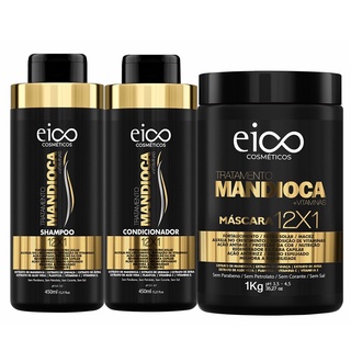 Eico Tratamento Mandioca Shampoo e Condicionador 450ml + Máscara Hidratação 1kg Crescimento Fortalecimento