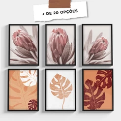 Kit Quadros Decorativos Conjunto 3 Peças Moldura Vidro Florais Para Sala Folhagem