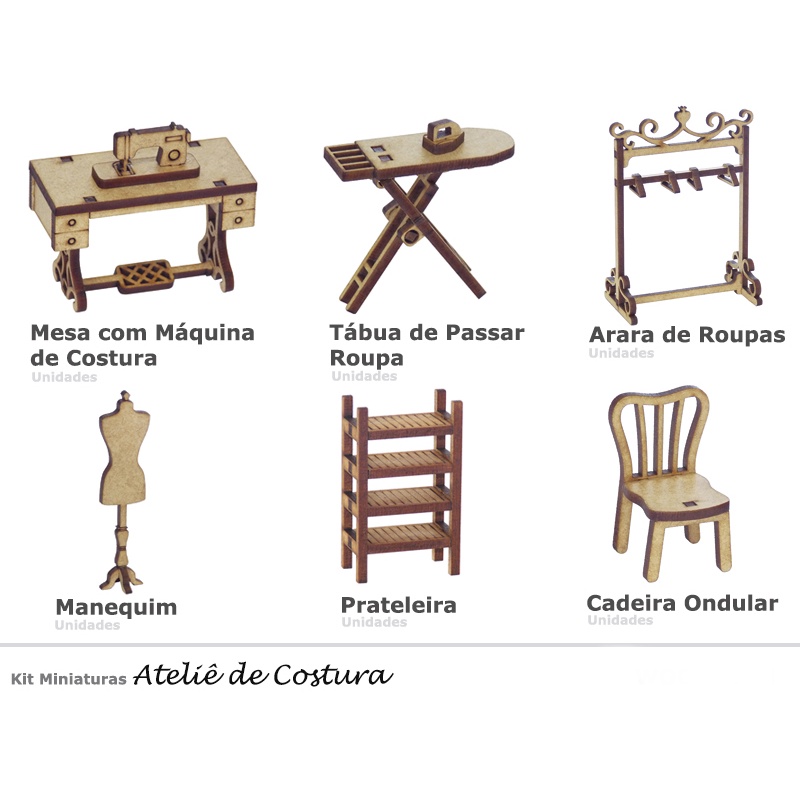 Kit de Móveis Miniatura MDF - Ateliê de Costura -  Móveis para Maquetes, Trabalhos Escolares e Trabalhos Artísticos