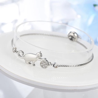 Pulseira Bracelete Ajustável Gato Bola Brilho Prateado L0062