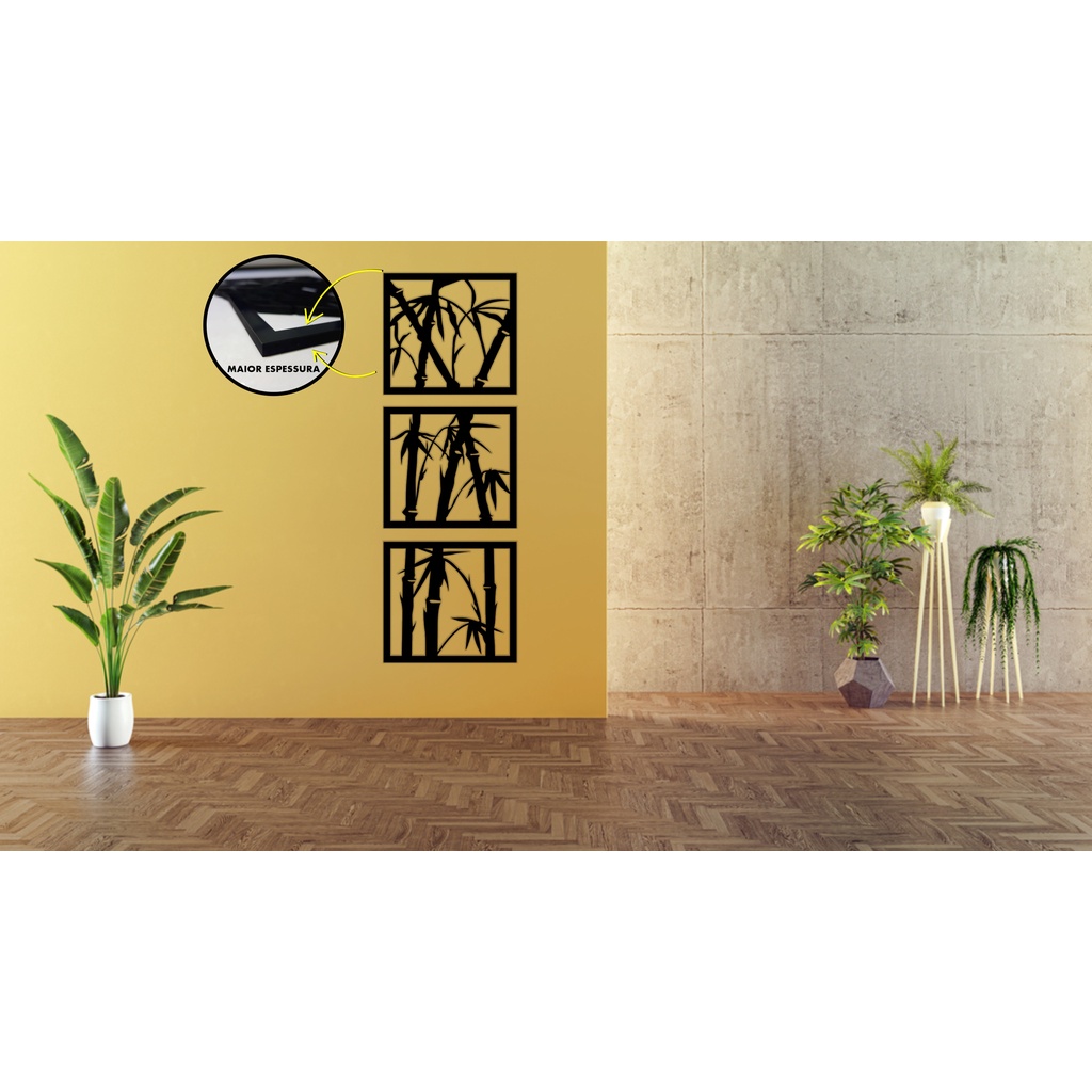 Quadro Decorativo Trio - Bambu - Bamboo Vazado MDF 6mm Cortado a Laser - Vazado - Laqueado - 130x45