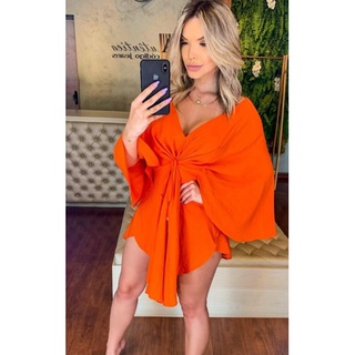 Vestido kimono Saida de Praia Bata kafta Vestido Chamisse Femenino curto de amarrar manga flare