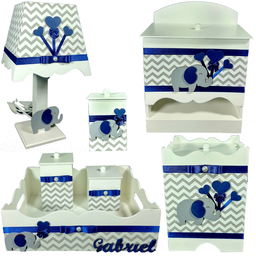 Kit Higiene bebê Mdf decoração com nome Elefantinho azul marinho branco e chevron cinza