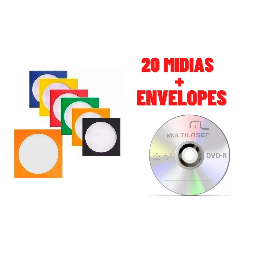 20 unidades de Mídia Virgem DVD-R Nos Envelopes Multilaser Grava Jogo