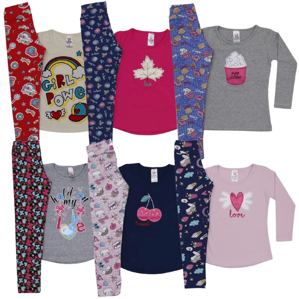 Kit 6 Peças Inverno | Conjunto Meninas 3 Blusas + 3 Legging Infantis Promoção Meia Estação Frio