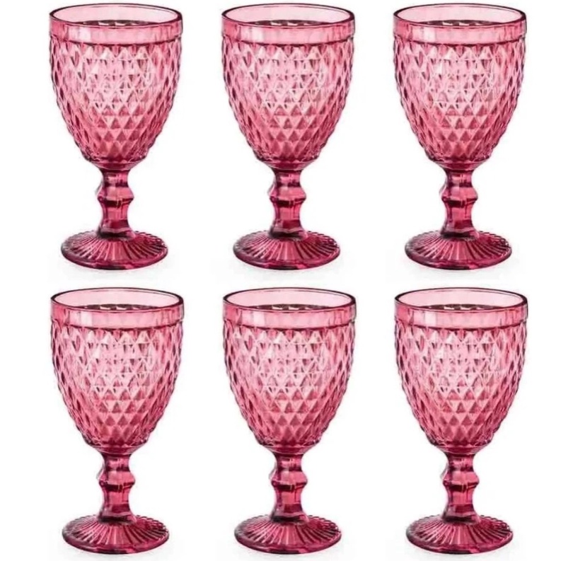 Jogo de Taças de Vidro 300ml 6 Peças Bico de Abacaxi Vermelho Cálice Desenhado