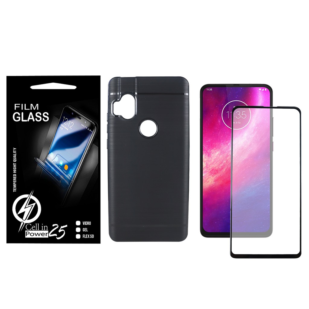 Capa Capinha Case Emborrachada Carbon Preta + Pelicula de vidro FULL 3D  Motorola Moto One Hyper Xt2027-1