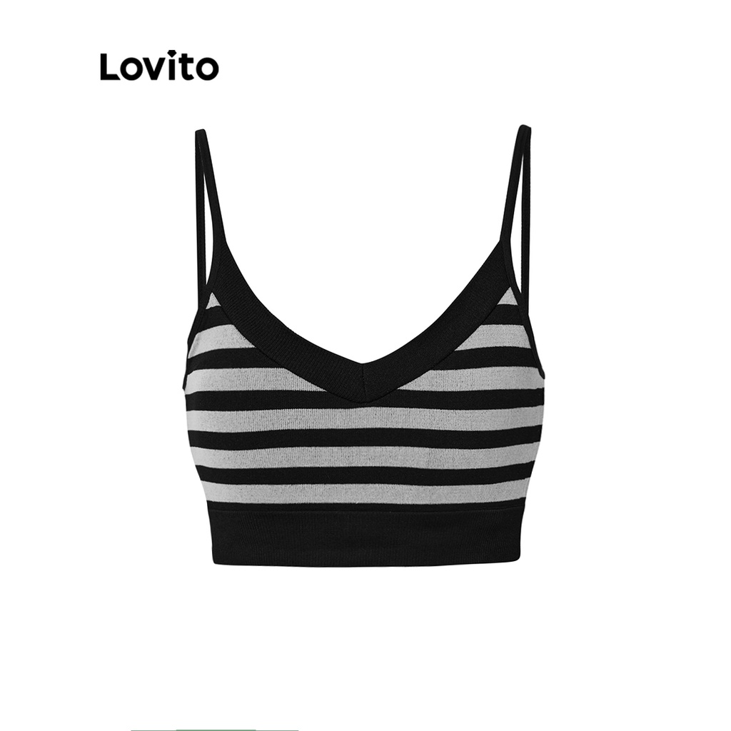 Lovito Sporty Yoga Top Esportivo de Yoga Enchimento Removível Decote em V de Alcinha com Elástico L34AD109 (Multi-Color/Preto and Branco)