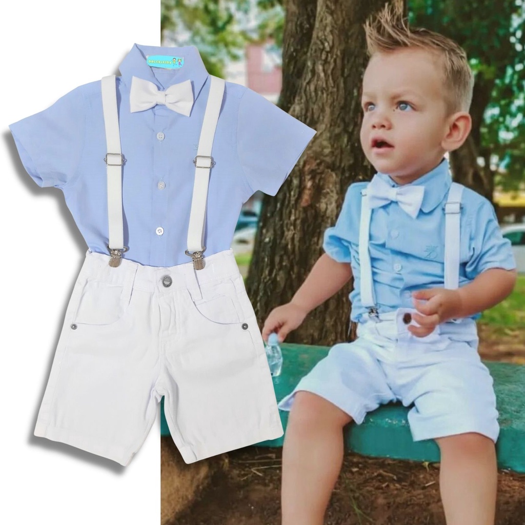 Conjunto Batizado Menino Bebê Infantil Social Camisa Azul Clara Bermuda Branca Suspensório e Gravata